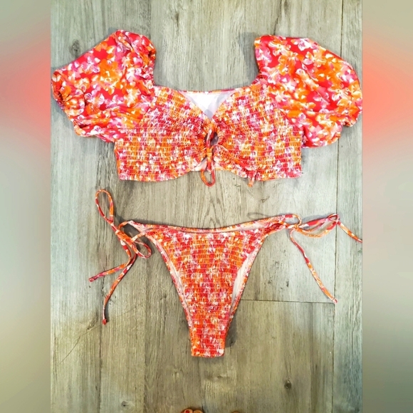 💚5/$25 Puff Sleeve Tropical Floral 2 Bikini Set Cheeky Bottom Smocked Swimsuit - Picture 4 of 8